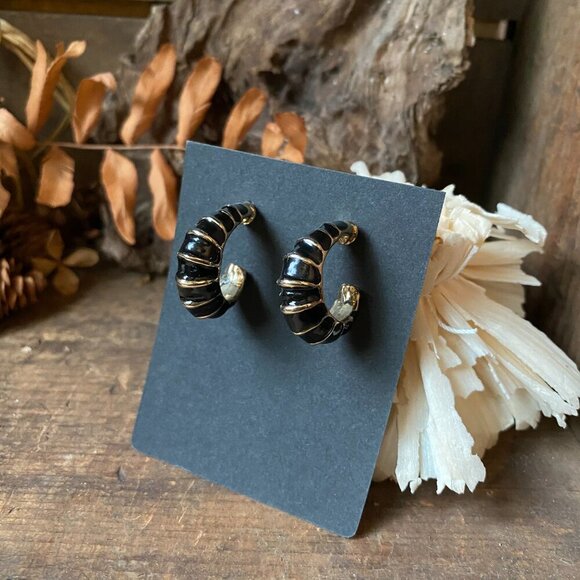 Bamboo Black Enamel Gold Tone Inlay Hoop Earrings - Unique Sea Urchin Gothic - Picture 2 of 7